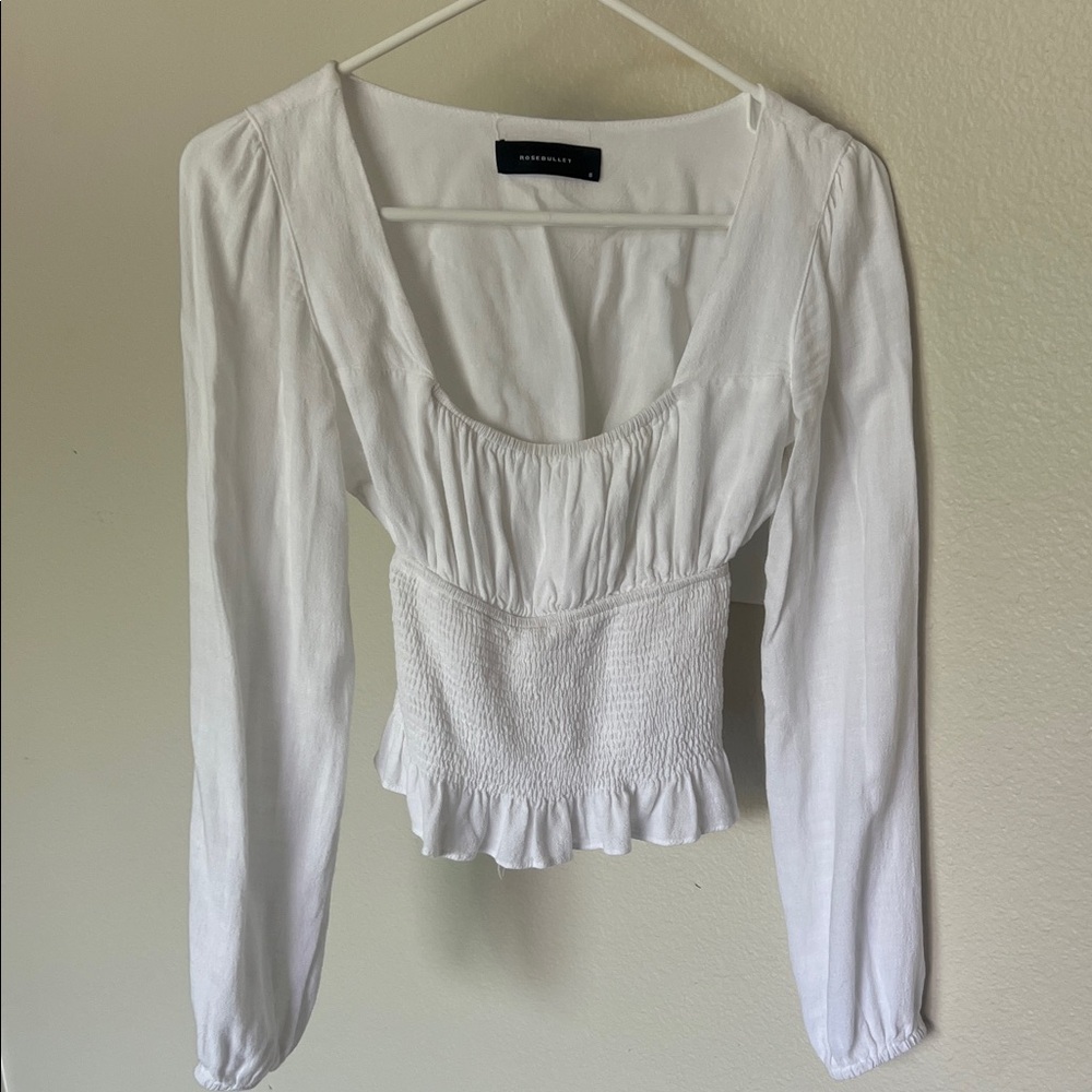 Long-sleeve White Ruched Blouse